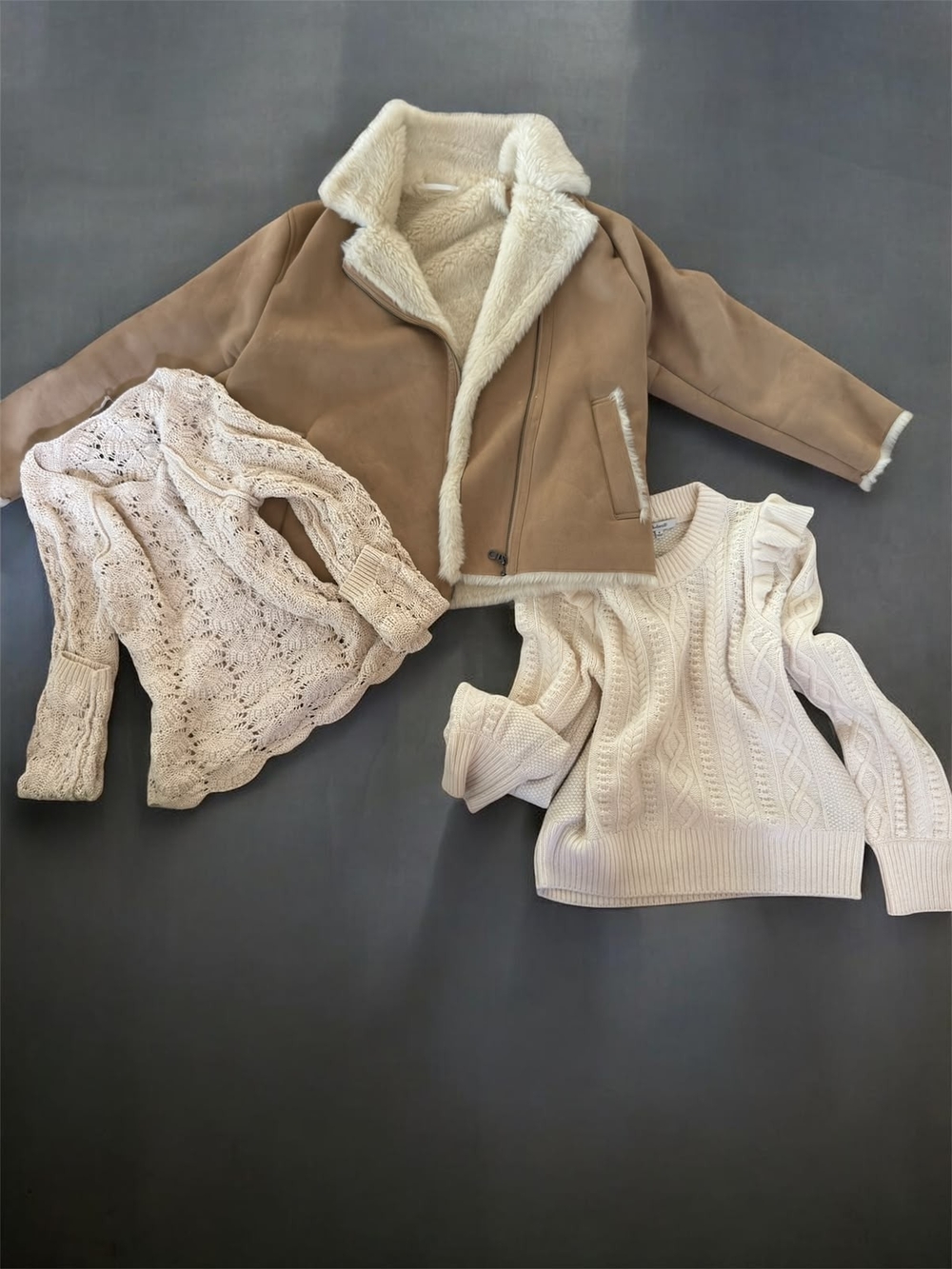 Bundle Tan Shearling Jacket with Cream Knit Sweaters Uniqlo/madewell/loft